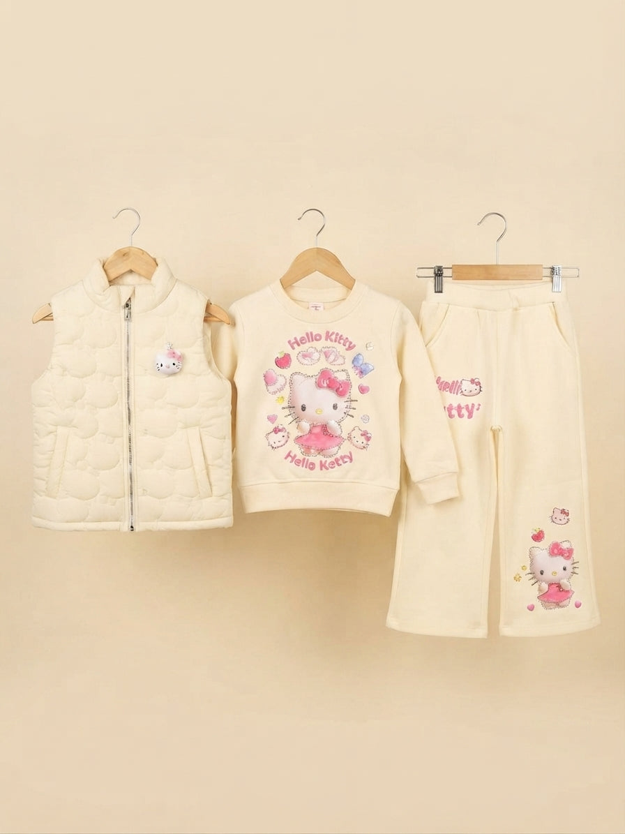 Girls Stylish 3-Piece Winter Outfit Set Featuring Quilted Vest Sweatshirt And Matching Trousers (Copy)