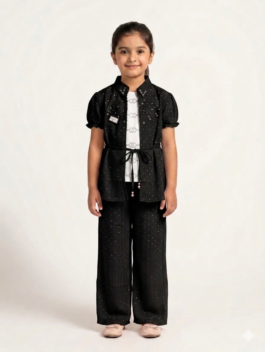 Elegant Girls Three Piece Shimmer Suit Featuring Lace Overlay Waist Tie Jacket and Wide Leg Trousers