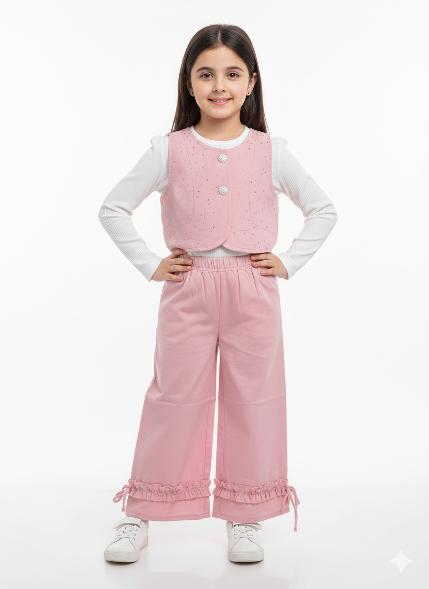 Girls Three Piece Formal Vest Set Long Sleeve Ribbed Top and Ruffled Hem Trousers