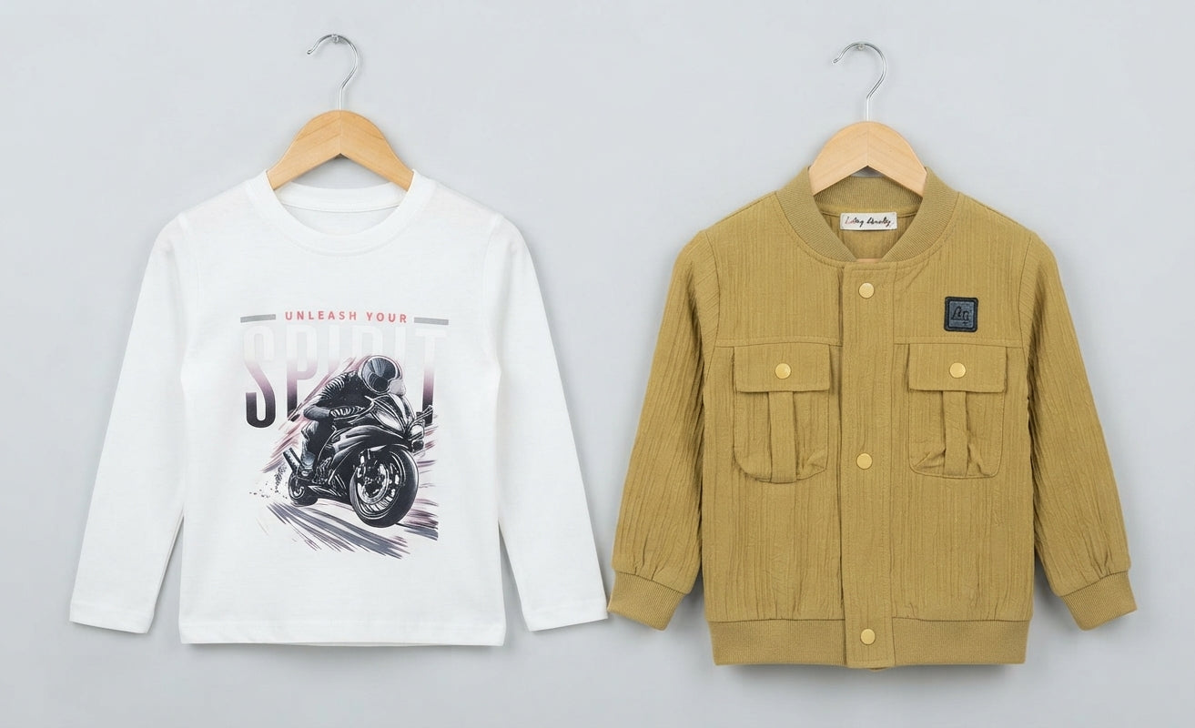 Trendy Boys Motorcycle Graphic Tee And Utility Button Jacket Outfit Combo Set