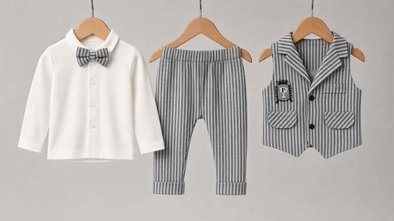 Stylish Kids Three Piece Striped Vest Shirt And Trouser Formal Outfit Set