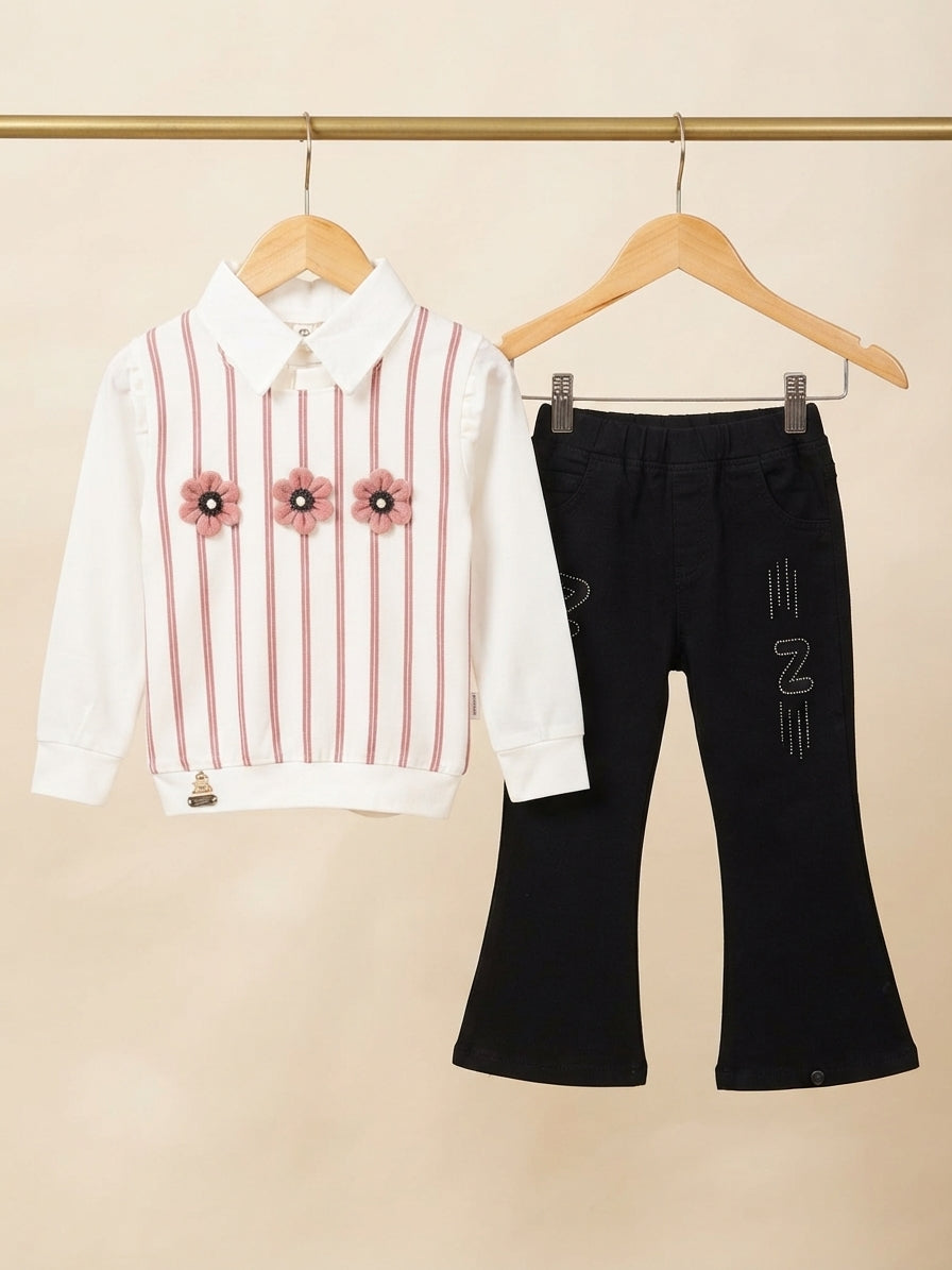 Girls Elegant Striped Floral Top And Black Trouser Pants Outfit Combo Set