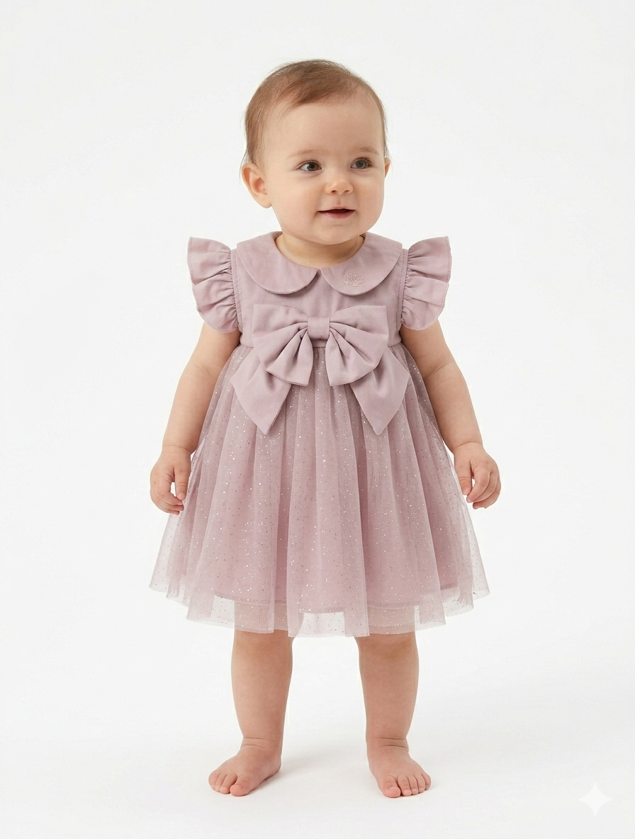 Baby Girls' Elegant Peter Pan Collar Tulle Tutu Dress with Oversized Bow Detail