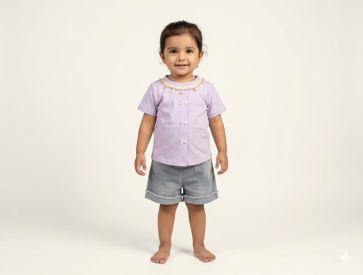 Toddler Girls' Embellished Pastel Tee and Cuffed Denim Shorts Two-Piece Summer Fashion Outfit Set