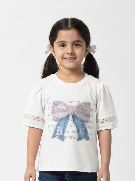 Girls Elegant Puff Sleeve Bow Graphic Tee with Lace Trim in Three Pretty Pastels