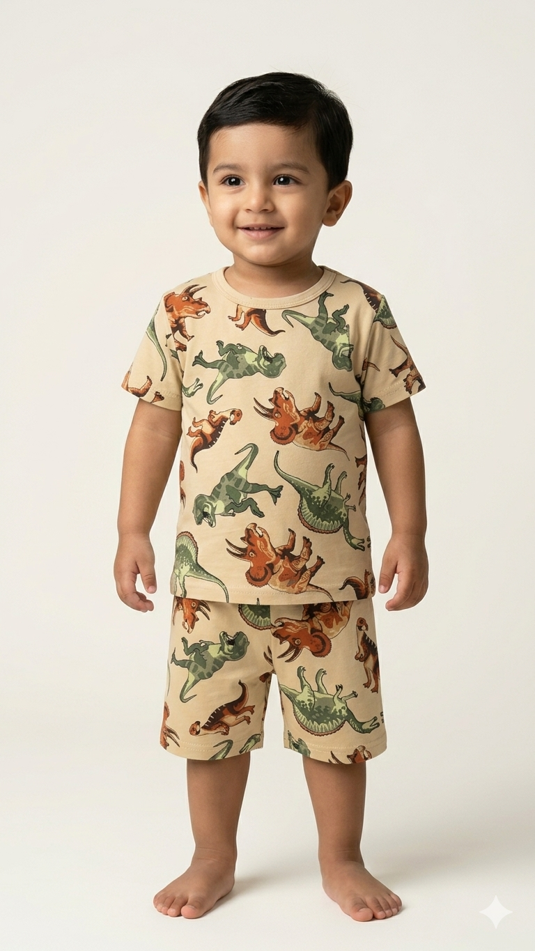 Boys Beige Dinosaur Adventure Print T-Shirt and Shorts Lounge Set - Kids Summer Wear