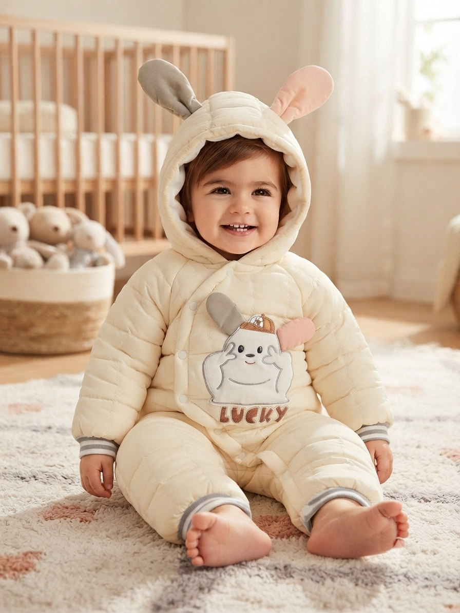 Cute Bunny Hooded Winter Romper Thick Warm Baby Jumpsuit Soft Fleece Infant Clothing