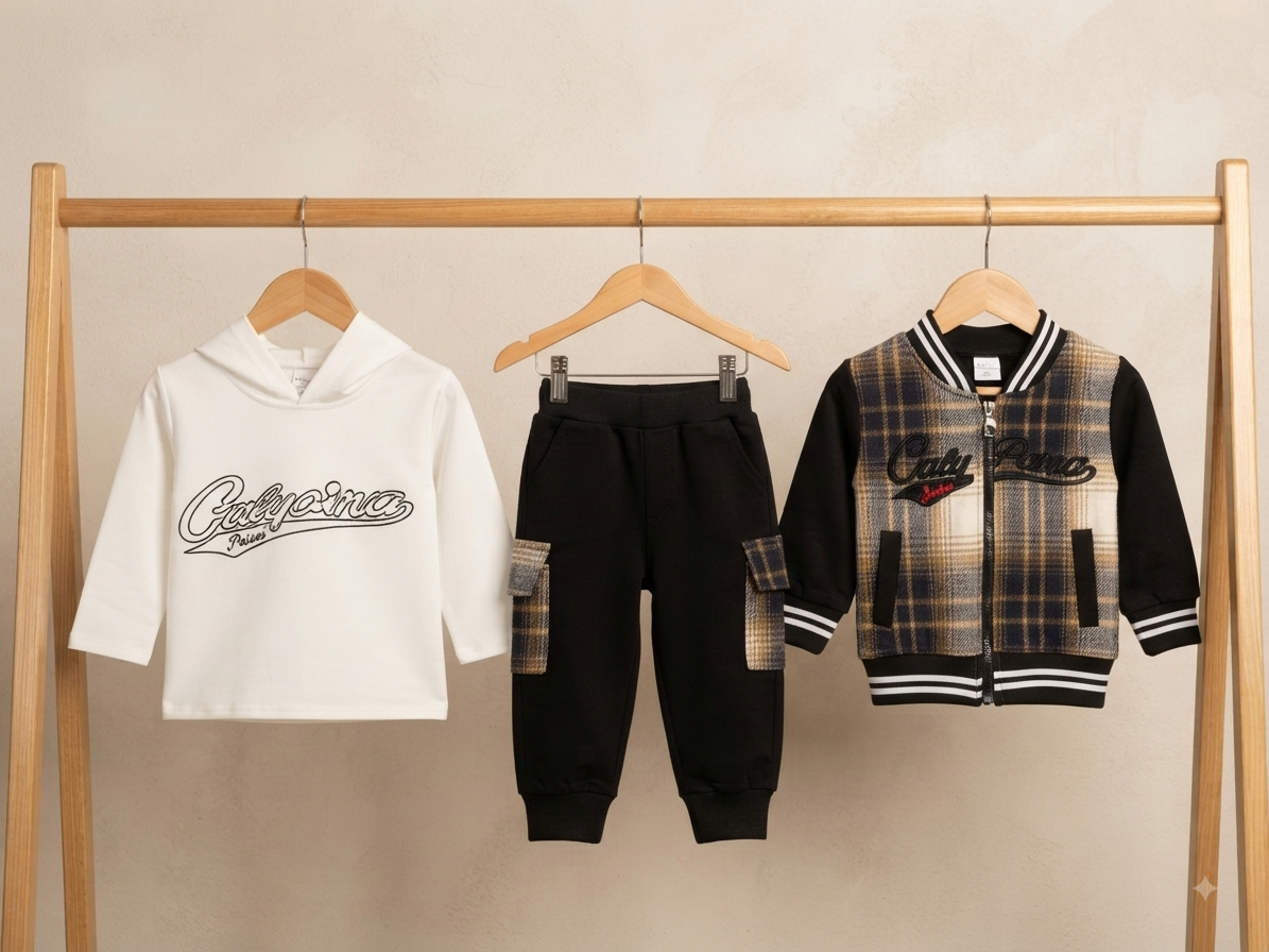 Kids stylish 3 piece winter outfit set featuring hoodie, cargo pants, and plaid jacket.