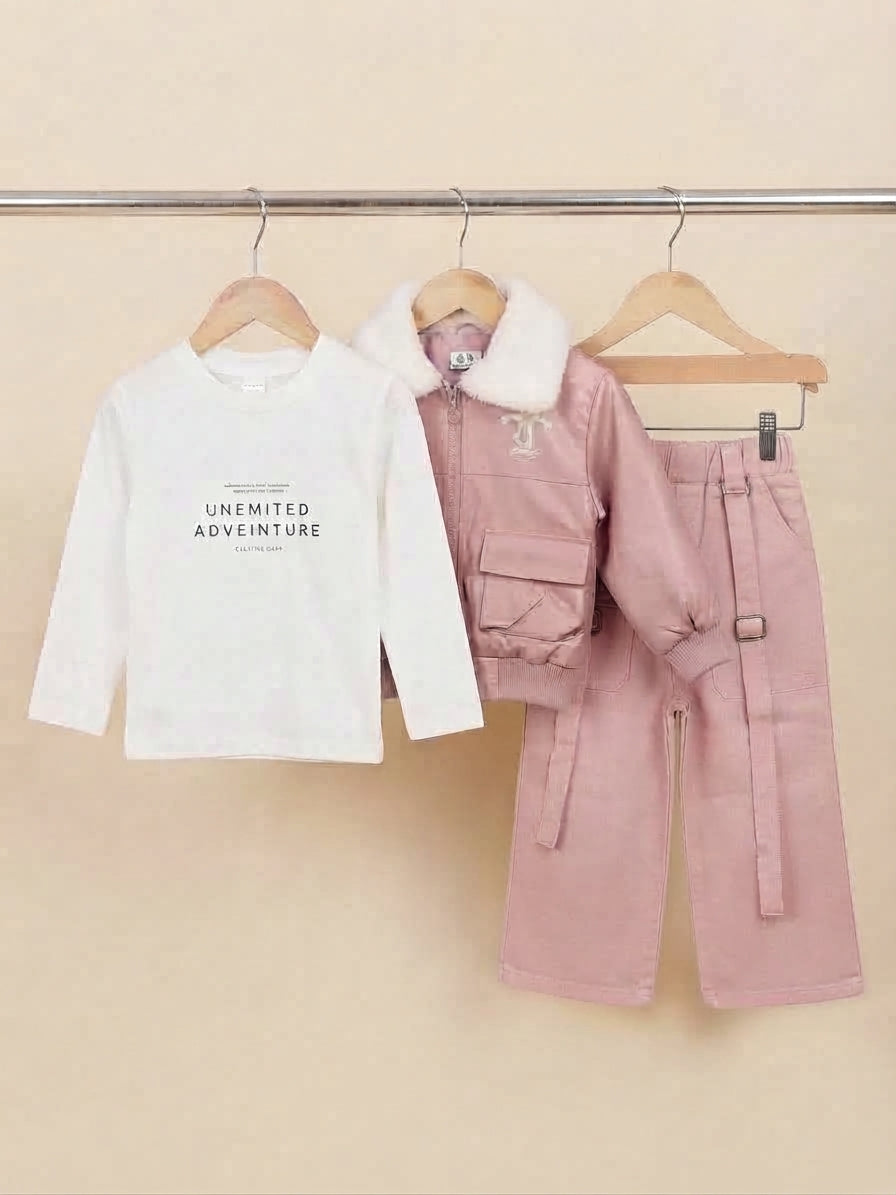 Stylish Kids Winter 3-Piece Outfit Set Featuring Jacket T-Shirt And Comfortable Matching Pants