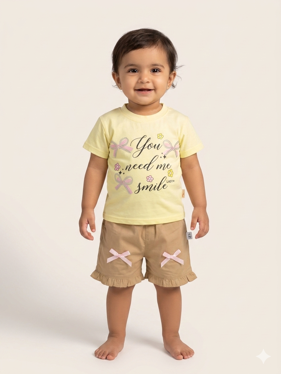 Adorable Toddler Girls Graphic T-Shirt and Ruffle Hem Bow Shorts Two-Piece Summer Casual Set