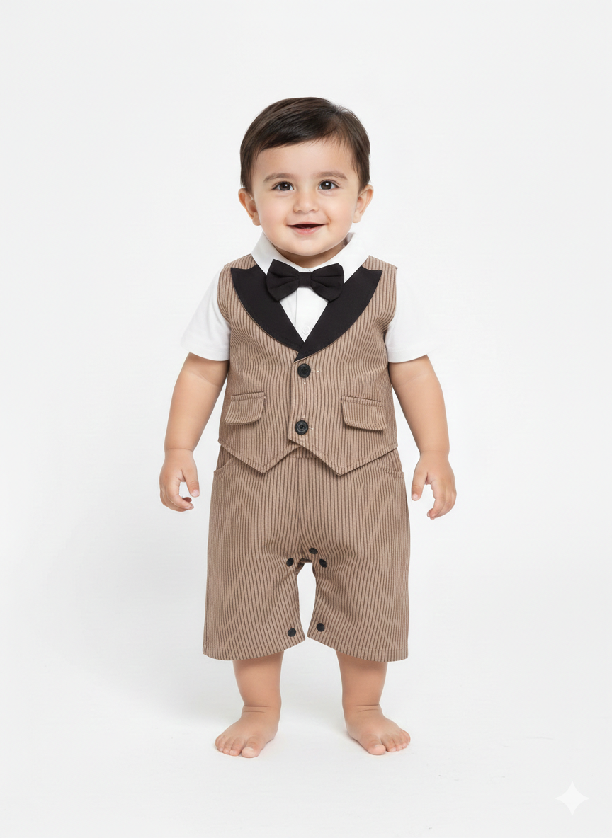 Baby Boy Formal Tuxedo Romper - Gentleman Vest & Bow Tie One-Piece Special Occasion Suit