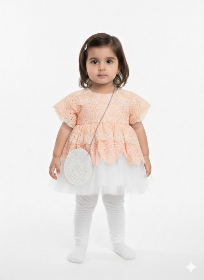 Elegant Toddler Girls Floral Eyelet Lace Party Dress with Matching Crossbody Purse and Leggings