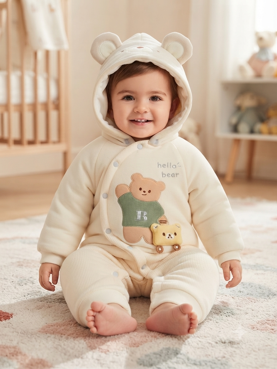 Cute Bear Hooded Winter Romper Thick Warm Baby Jumpsuit Soft Fleece Infant Clothing