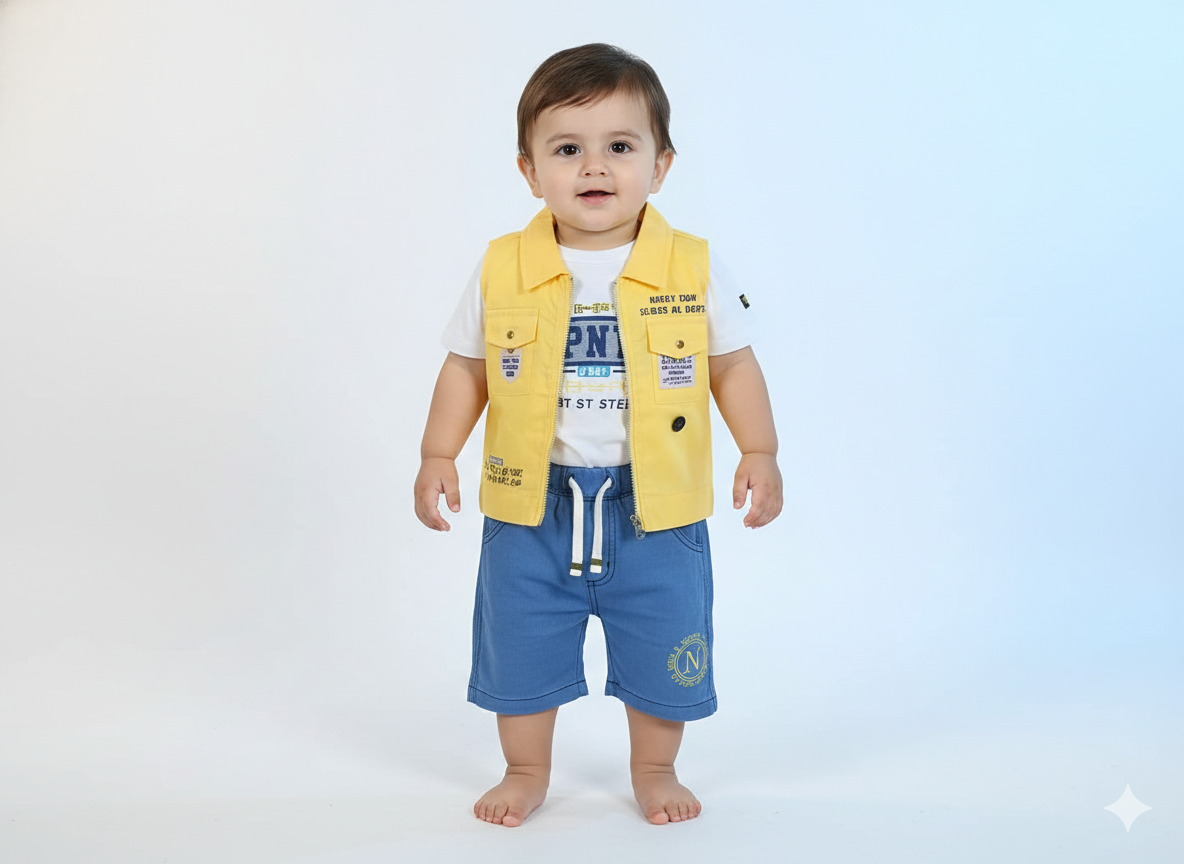 Baby Boys Three Piece Summer Vest Set Graphic Inner Tee And Comfortable Denim Shorts