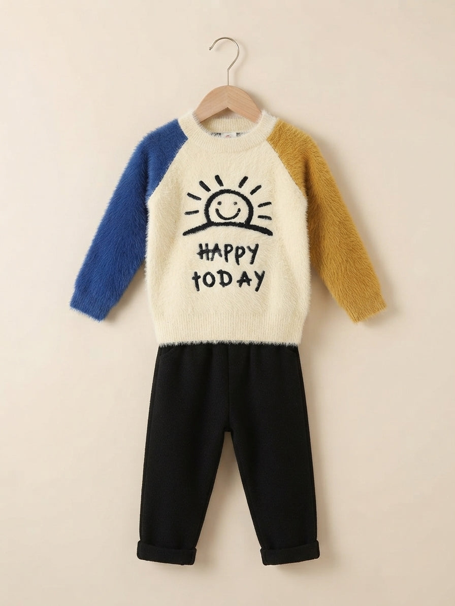 Fluffy Kids Happy Today Sun Graphic Winter Sweater And Trouser Outfit Set