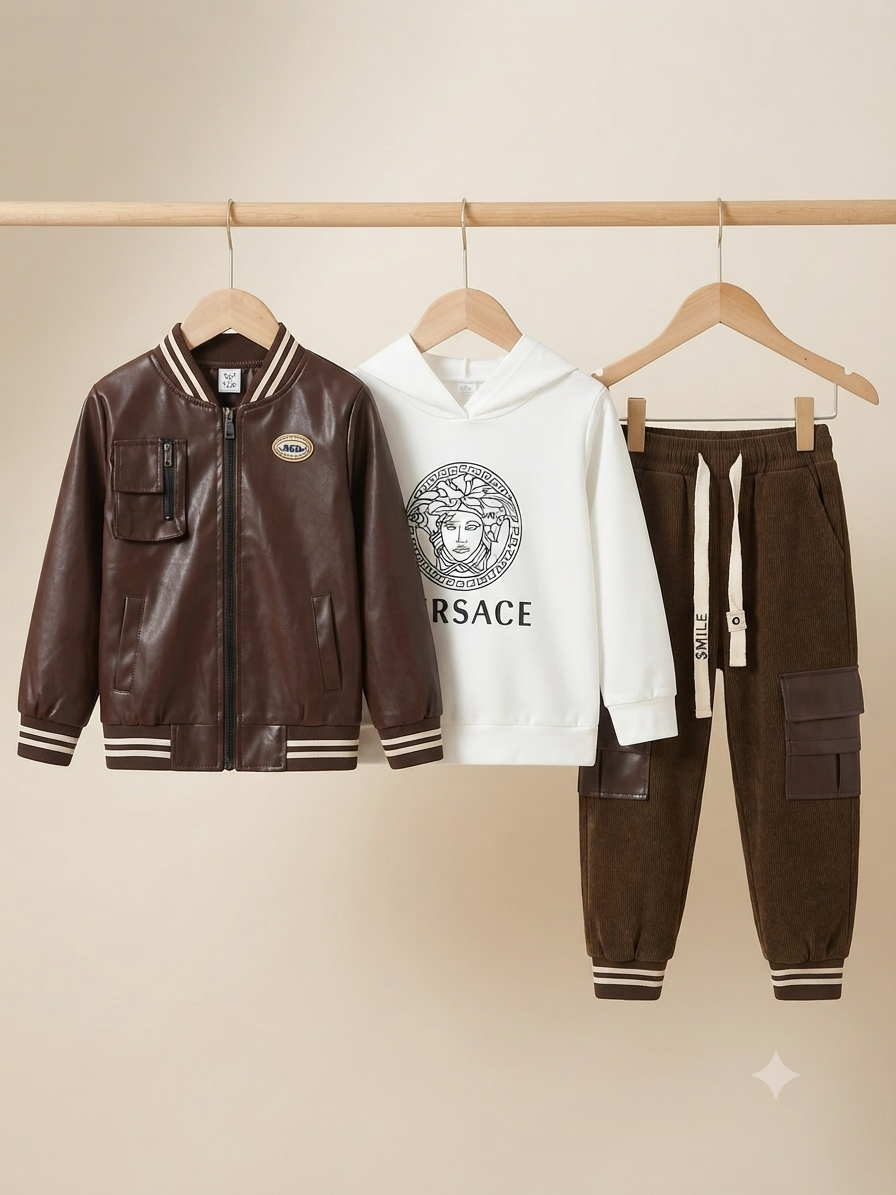 Stylish Kids Leather Jacket Hoodie And Cargo Pants Outfit Set