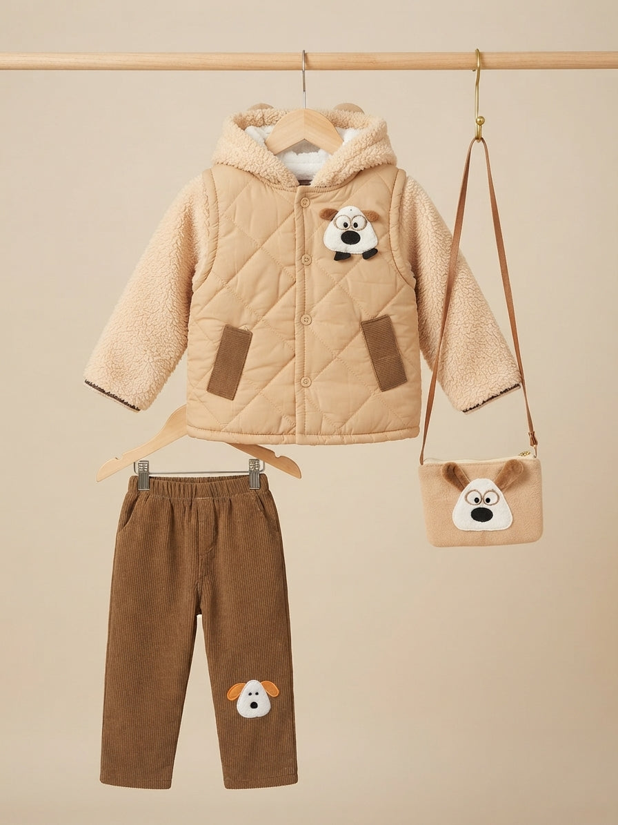 Cute Kids Winter Outfit Set with Hooded Jacket, Corduroy Pants, and Matching Dog Bag