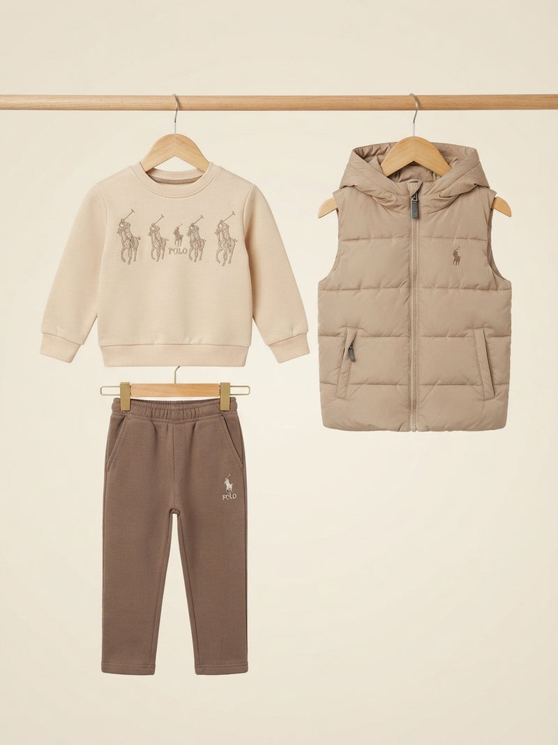 Kids Brand Logo Printed Crewneck Sweatshirt Puffer Vest And Trouser 3 Piece Outfit Set