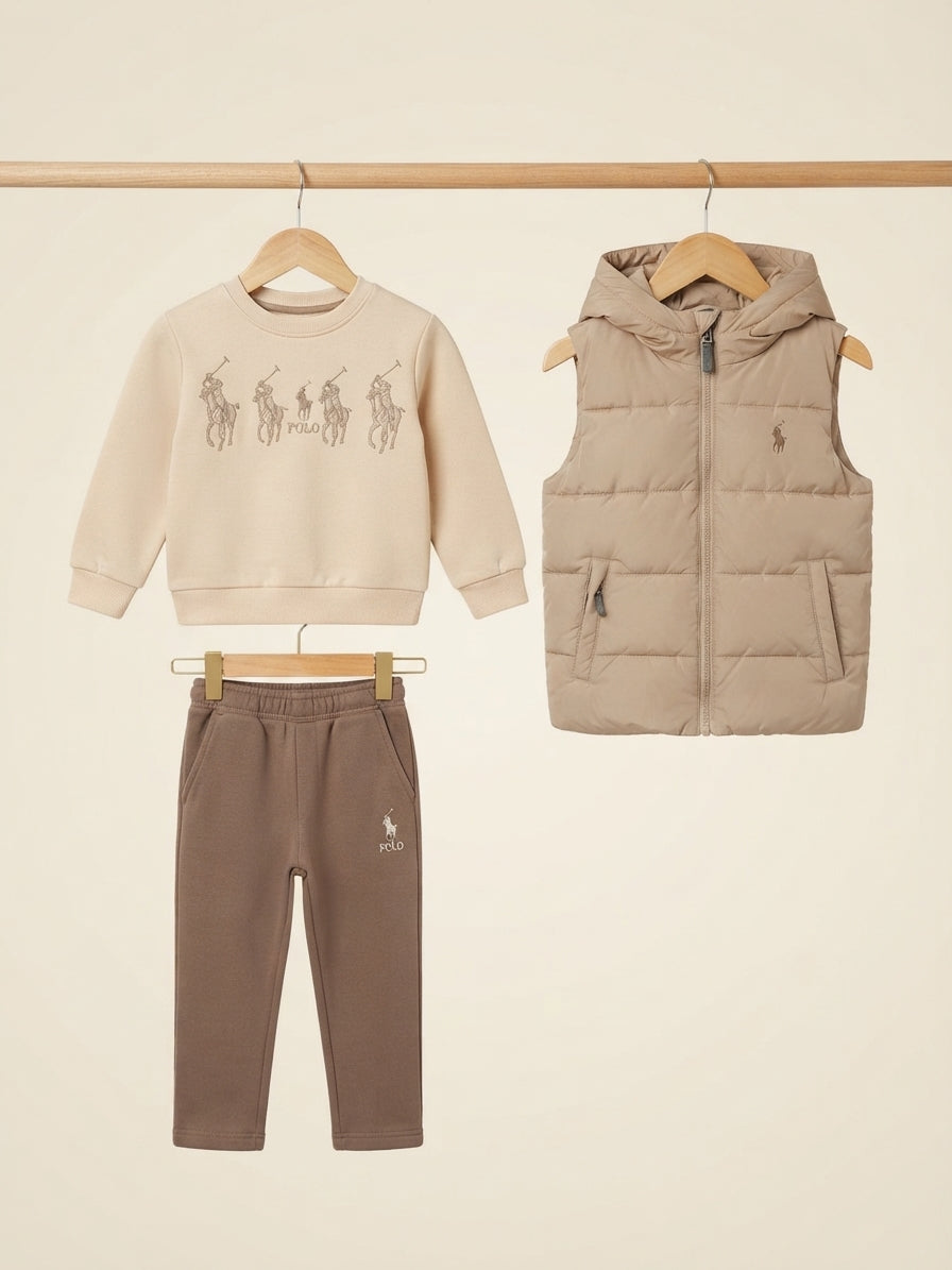 Kids Brand Logo Printed Crewneck Sweatshirt Puffer Vest And Trouser 3 Piece Outfit Set