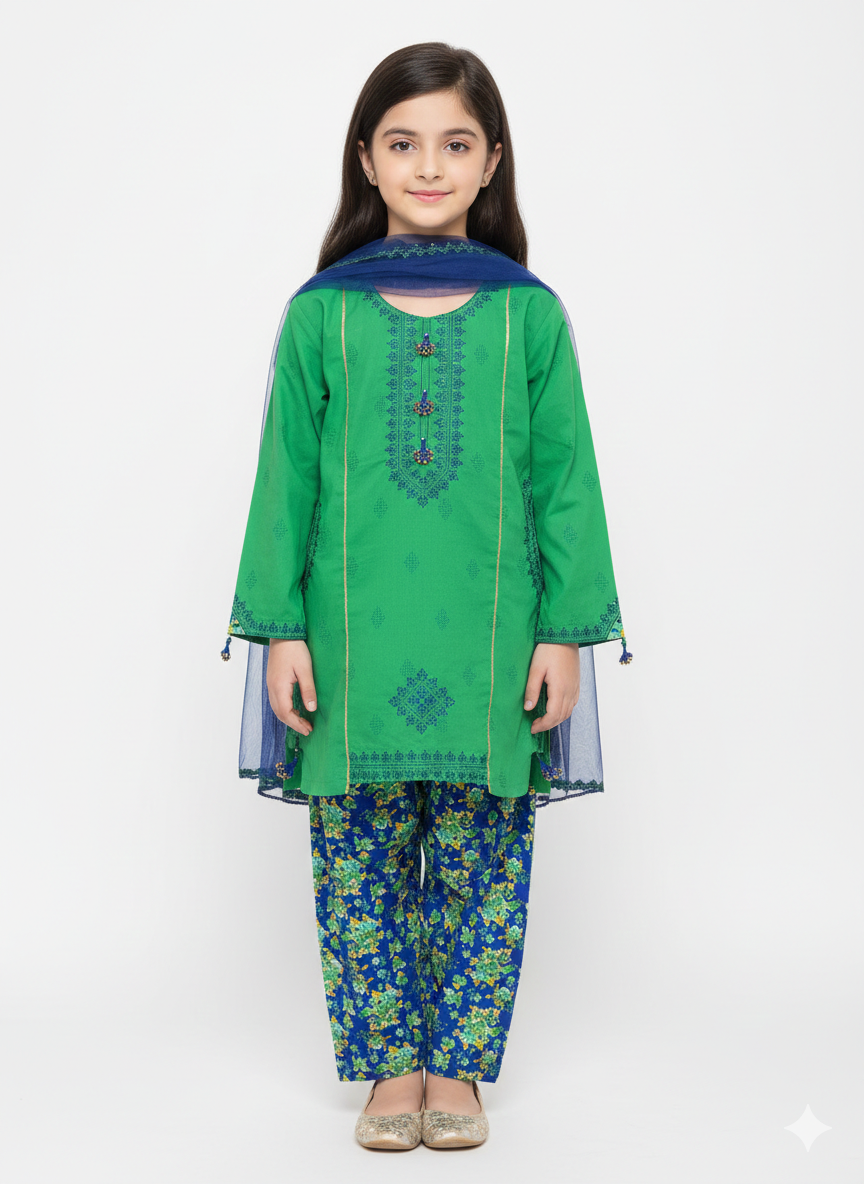 Girls' Traditional Embroidered Shalwar Kameez Set with Floral Trousers and Chiffon Dupatta
