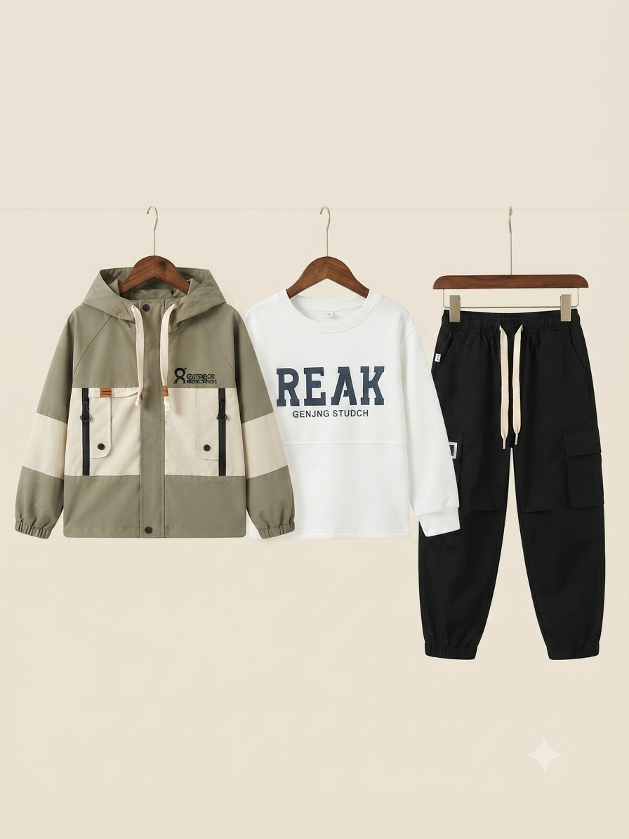 Kids 3 Piece Stylish Winter Outfit Set With Hooded Jacket Shirt And Comfortable Pants
