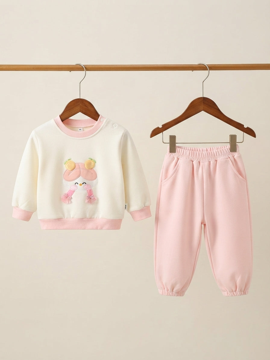 Cute Baby Girl Winter Fleece Sweatshirt And Soft Comfortable Trouser Outfit Set