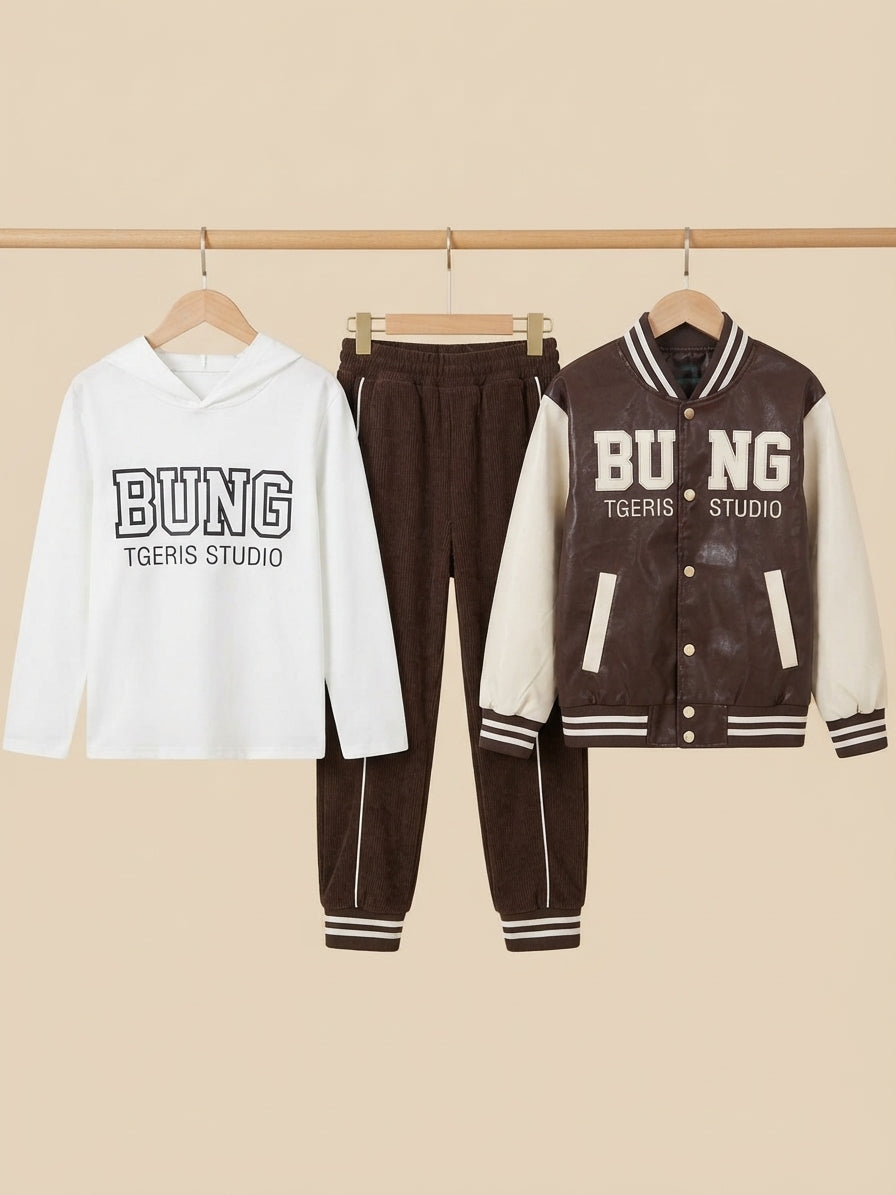 Stylish Kids 3-Piece Tgeris Studio Outfit Set With Letter Jacket Hoodie And Pants