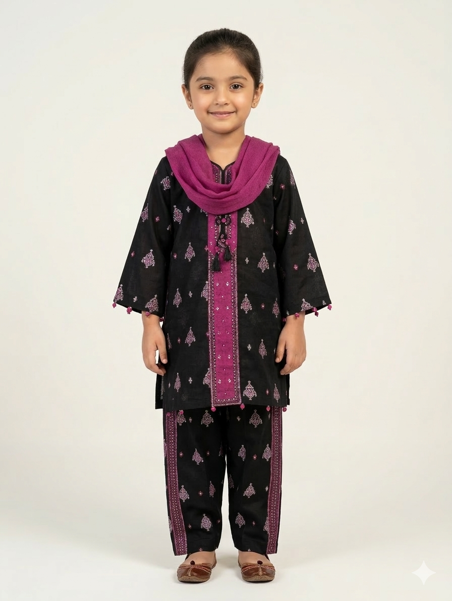 Girls' Elegant Black Embroidered Lawn 3-Piece Suit with Contrasting Dupatta and Matching Straight Trousers