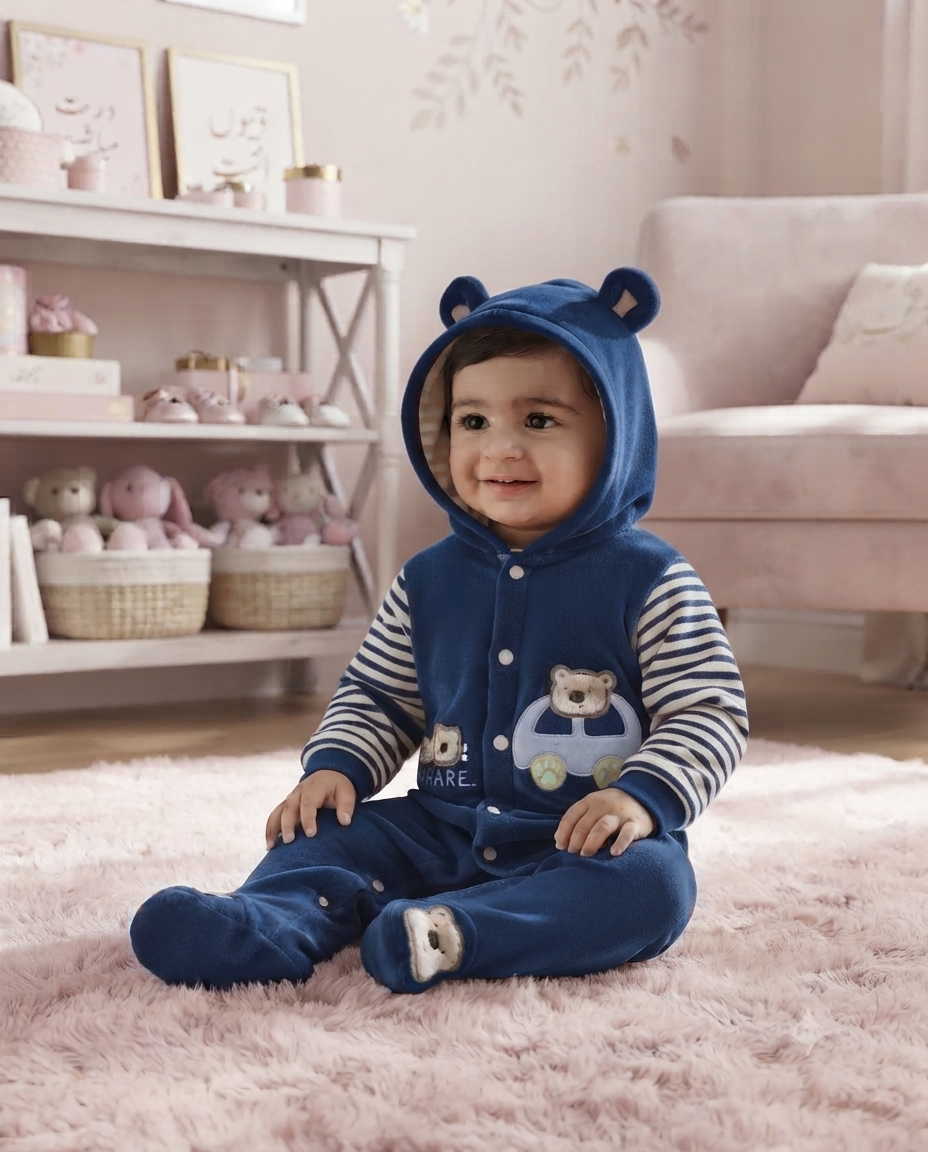 Cute Baby Fleece Romper with Hood and Cute Applique
