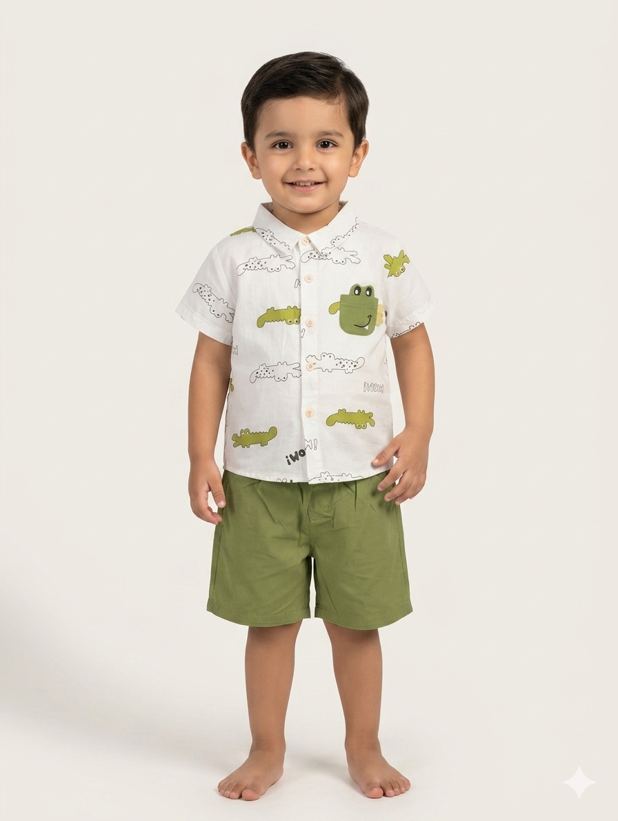 Boys Crocodile Print Shirt and Shorts Two-Piece Summer Outfit in Green and Brown Tones