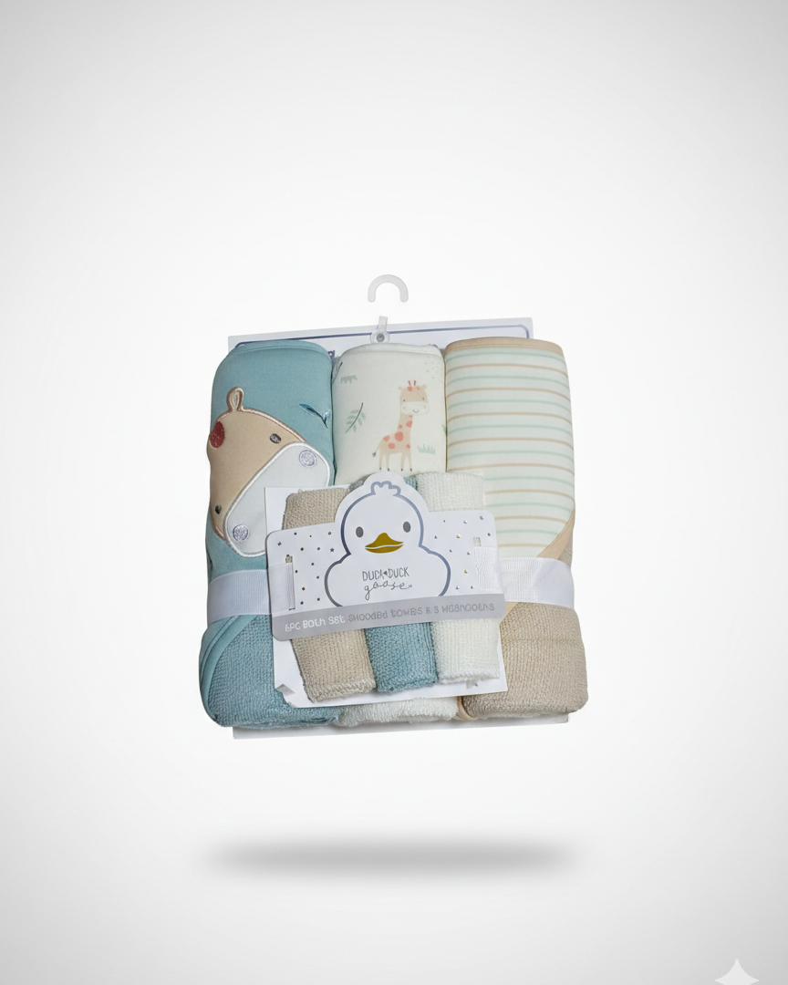 Duck Duck Goose Baby Boy 6-Piece Bath Set | 3 Hooded Towels & 3 Washcloths | Blue Safari