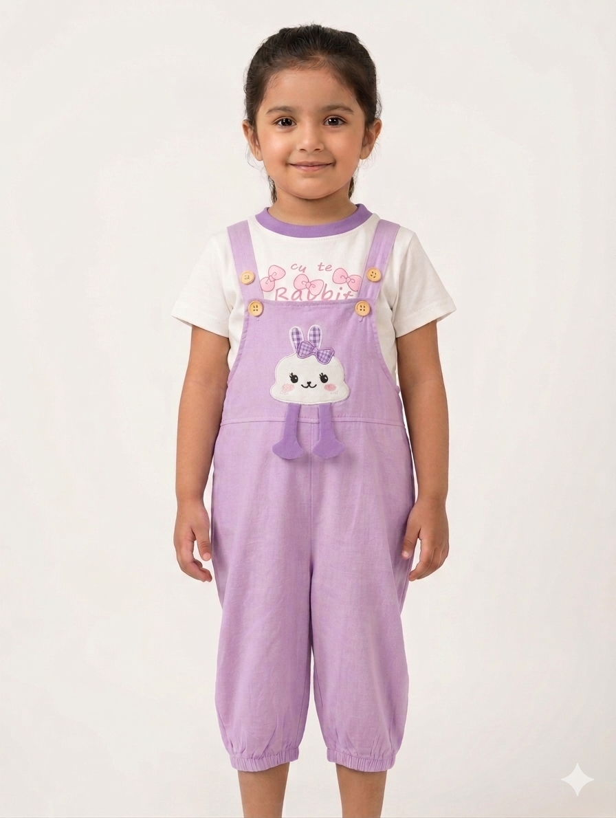 Charming Girls Rabbit Character Dungaree Set Featuring Pastel Colors and Soft Cotton Graphic T-Shirt