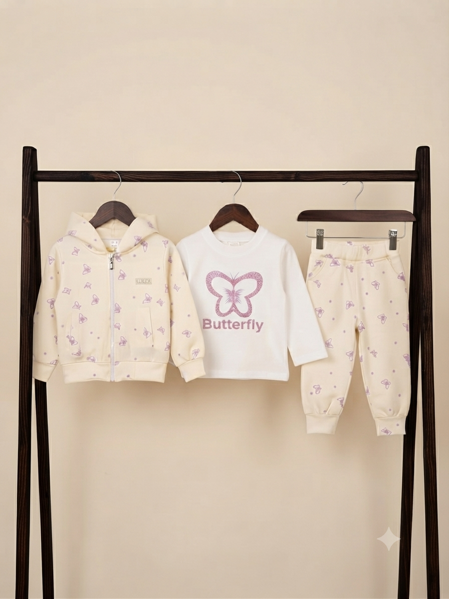 Kids Girls Butterfly Print 3-Piece Zip-Up Hoodie Shirt and Full Length Trouser Set