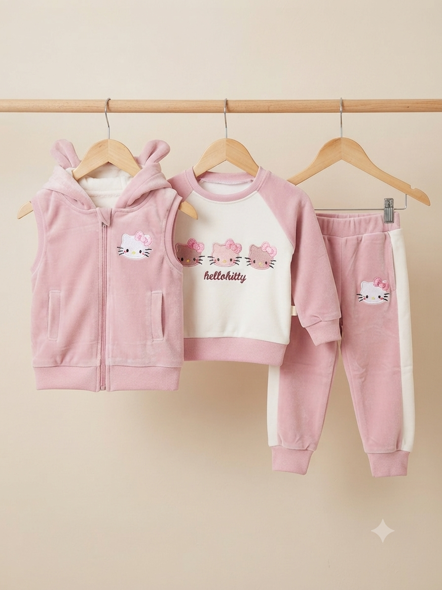 Cute Hello Kitty 3-Piece Winter Outfit Set with Hooded Vest, Sweatshirt, and Matching Pants
