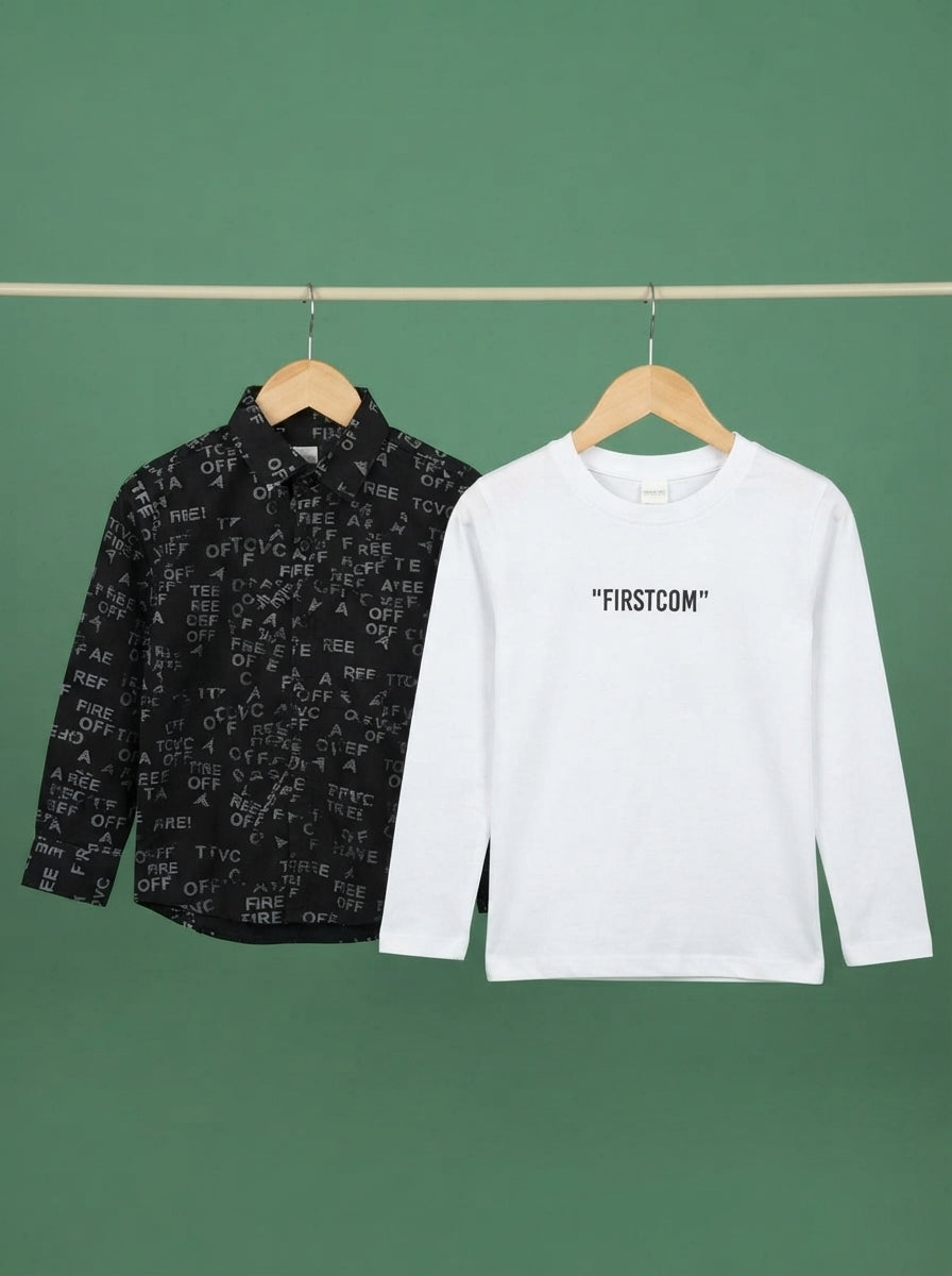 Boys Two Piece Set Typography Print Button Down Shirts With White Tee