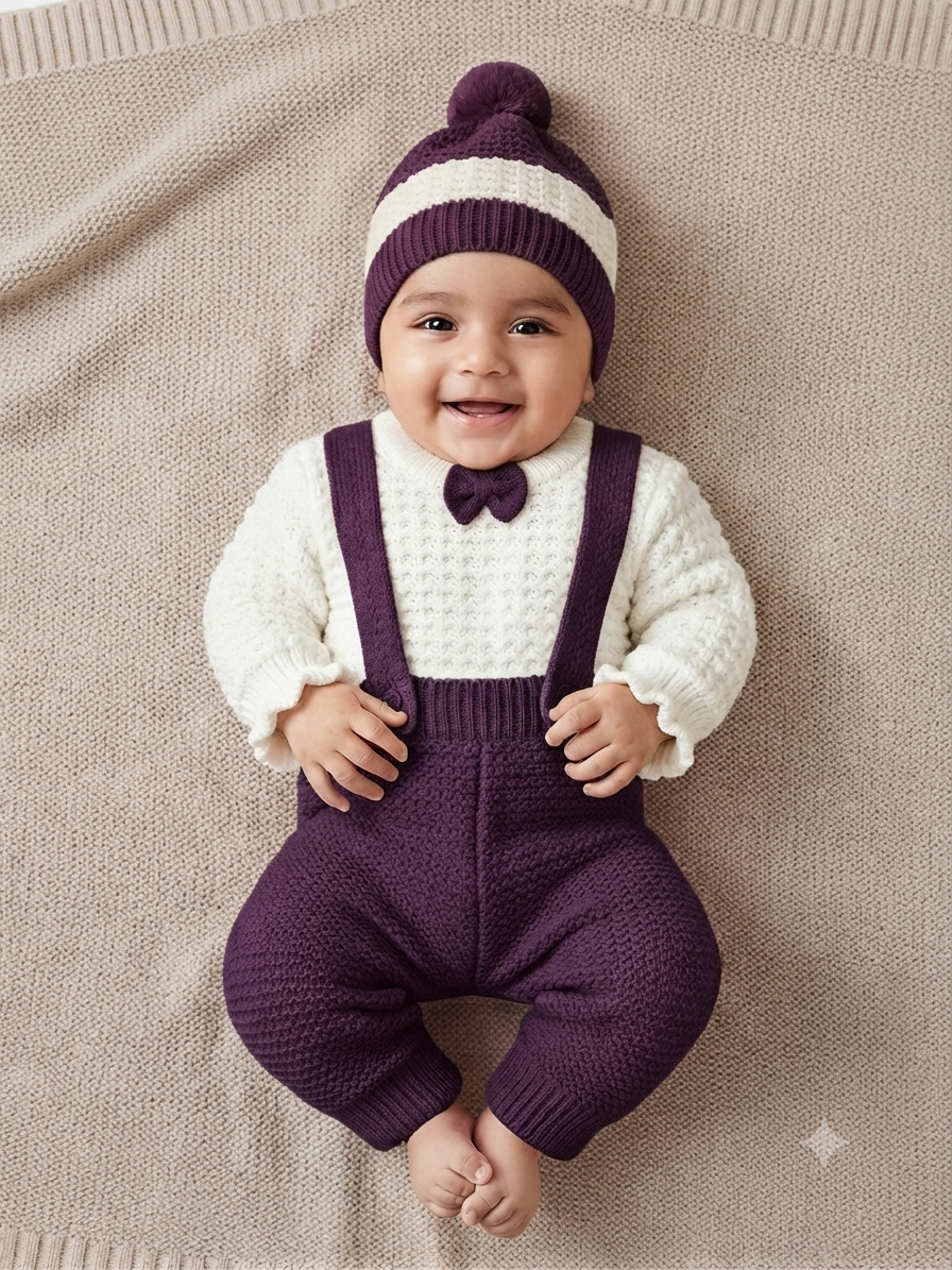 Cute baby knitwear outfit set with long-sleeve sweater, overalls, and matching beanie hat.