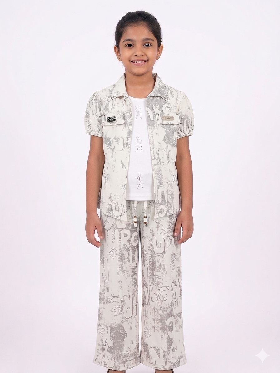 Chic Beige Girls Denim Co-ord Set – 3-Piece Printed Shirt, Inner & Wide-Leg Trouser