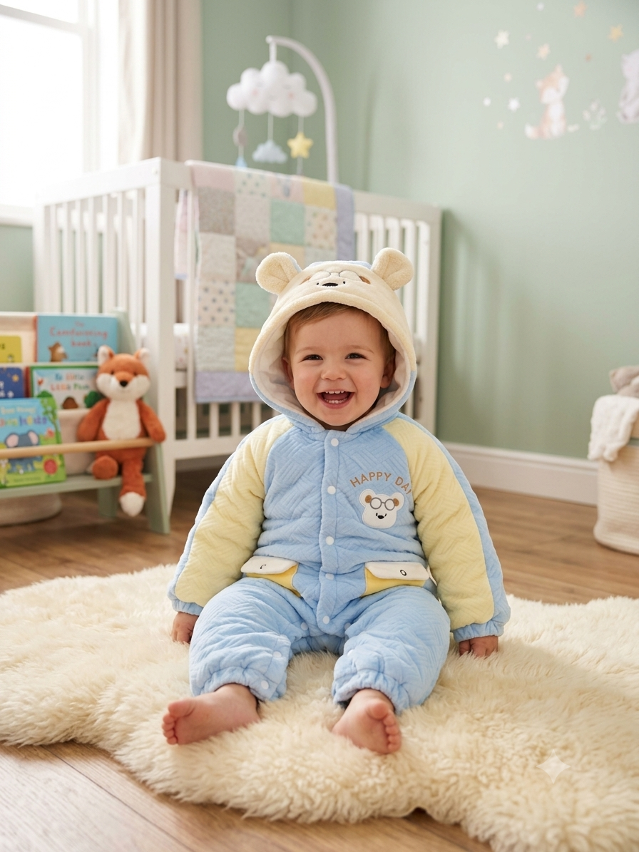 Adorable Off-White Bear Hooded Baby Romper Warm Fleece Winter Jumpsuit For Toddler Boys