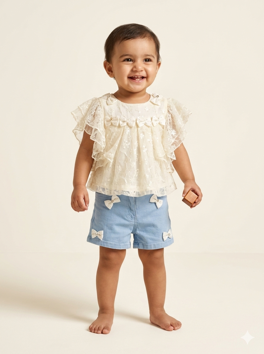 Toddler Girl Lace Ruffle Tiered Blouse and Bow Detail Denim Shorts Summer Fashion Outfit Set