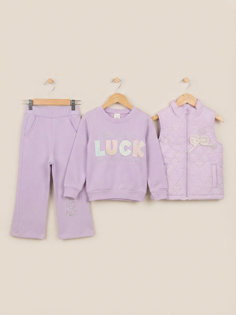 Girls Stylish 3-Piece Winter Outfit Set Featuring Quilted Vest Sweatshirt And Matching Trousers