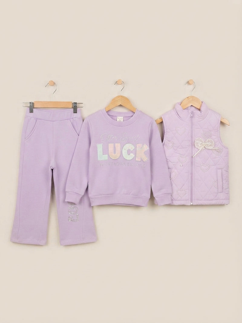 Girls Stylish 3-Piece Winter Outfit Set Featuring Quilted Vest Sweatshirt And Matching Trousers