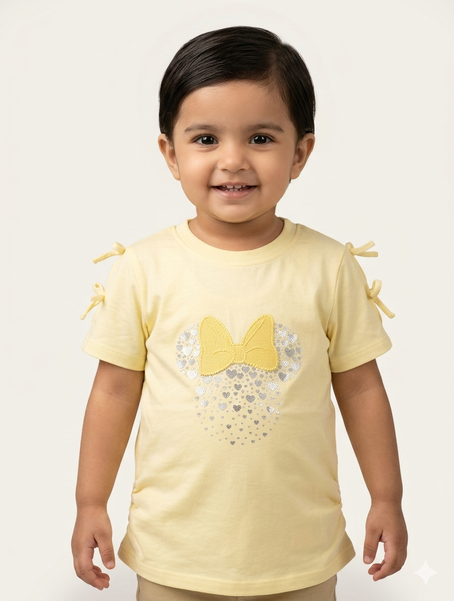Girls Sweet Ribbon Sleeve Tee with Sequin Heart and Bow Graphic Short Sleeve Cotton Top