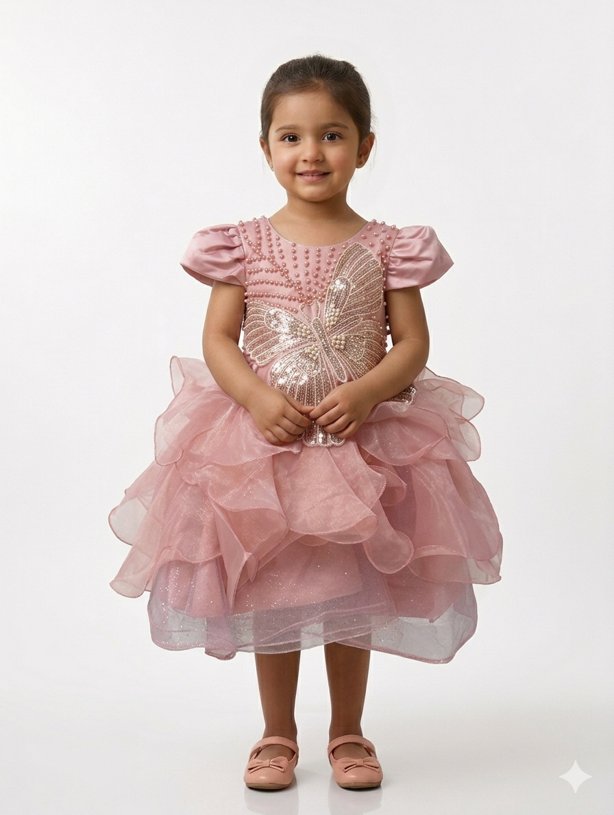 Sparkly Butterfly Sequin Girls Party Dress with Ruffled Organza Skirt and Elegant Pearl Accents