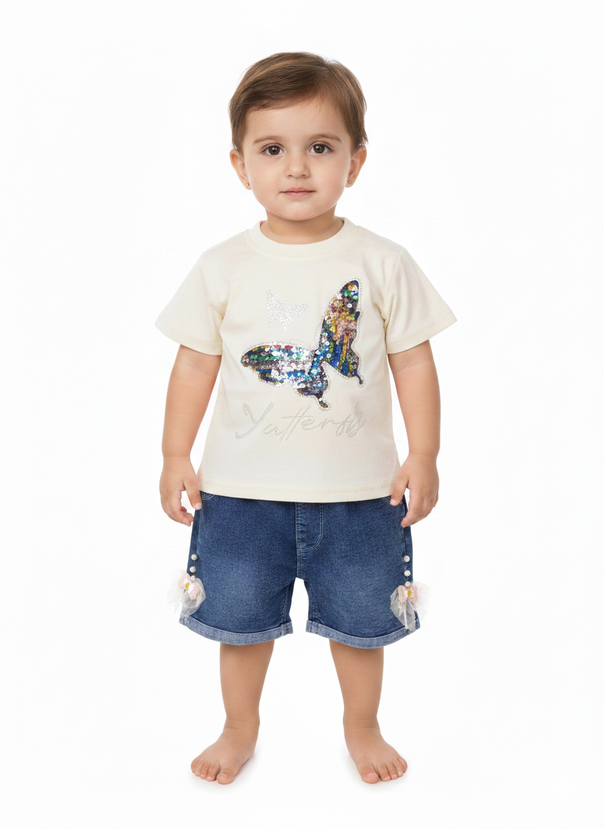 Toddler Girls’ Sequin Butterfly Graphic T-Shirt and Embellished Denim Shorts Two-Piece Summer Outfit Set