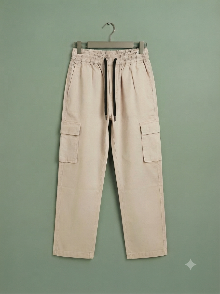 Stylish Kids Beige Cargo Trousers With Elasticated Drawstring Waistband And Side Pockets