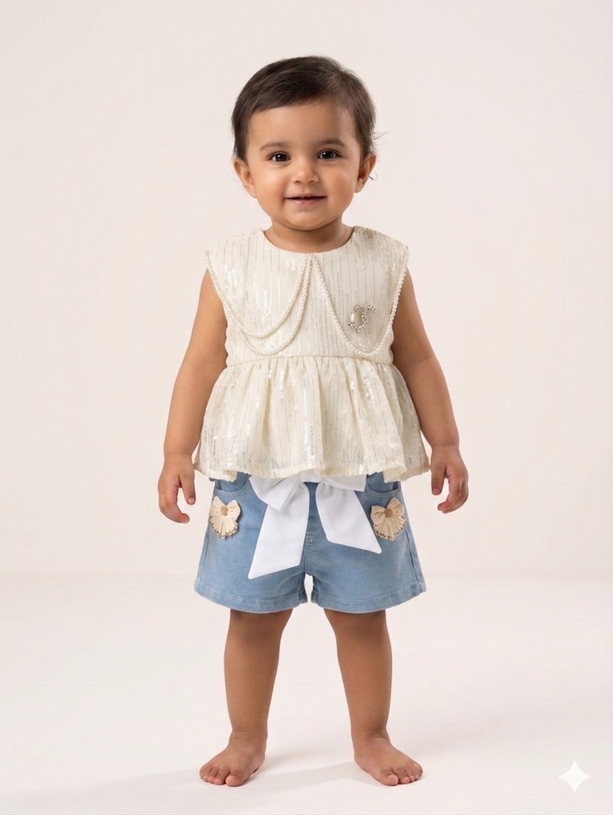 Adorable Baby Girls Peplum Top and Denim Shorts Set - Stylish Two-Piece Summer Boutique Outfit