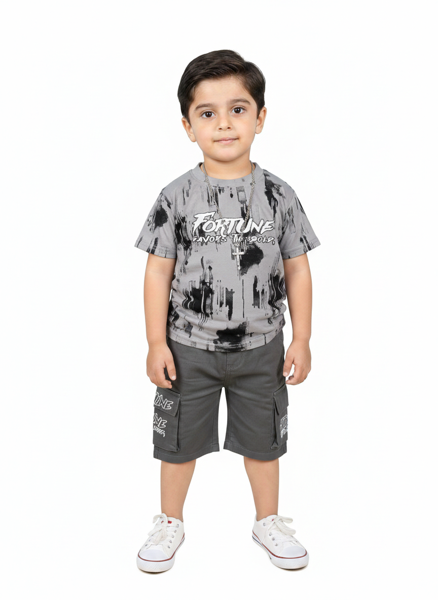 Premium Boys Fortune Graphic Print T-Shirt And Comfortable Cargo Shorts Stylish Two Piece Set 🩳