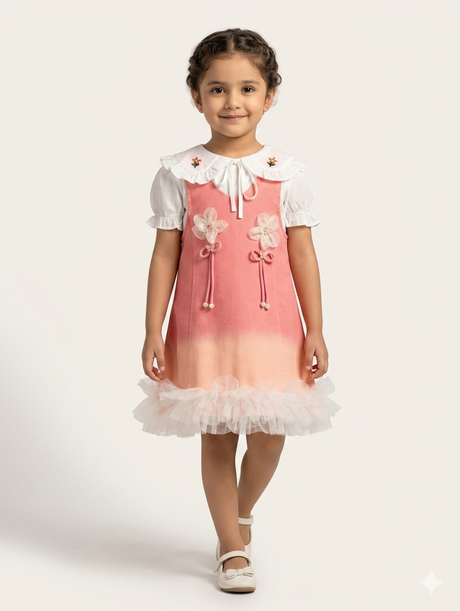 Girls Ombre Denim Pinafore Dress Set With Embroidered Peter Pan Collar And Tulle Trim