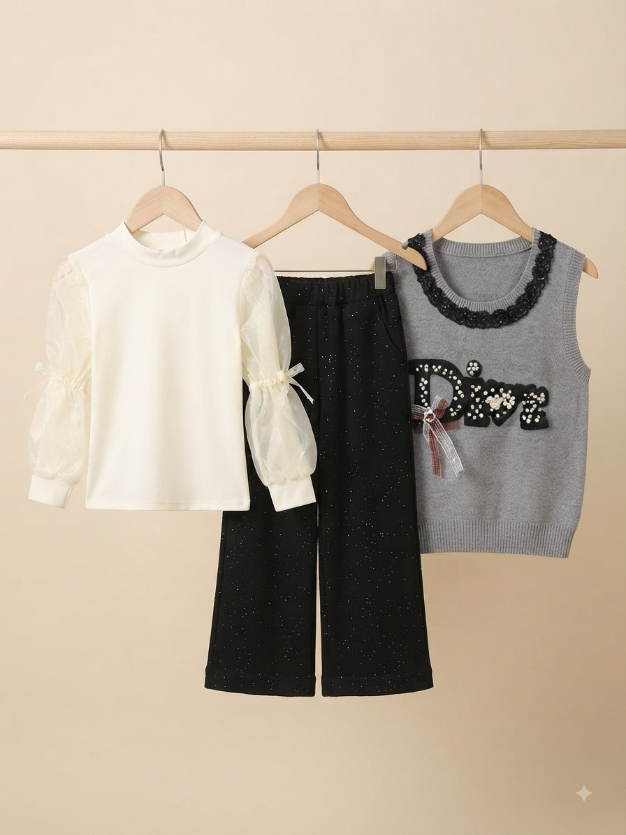 Stylish 3-Piece Girls Outfit Set Featuring Knit Sweater Vest, Sheer Sleeve Shirt, and Trousers