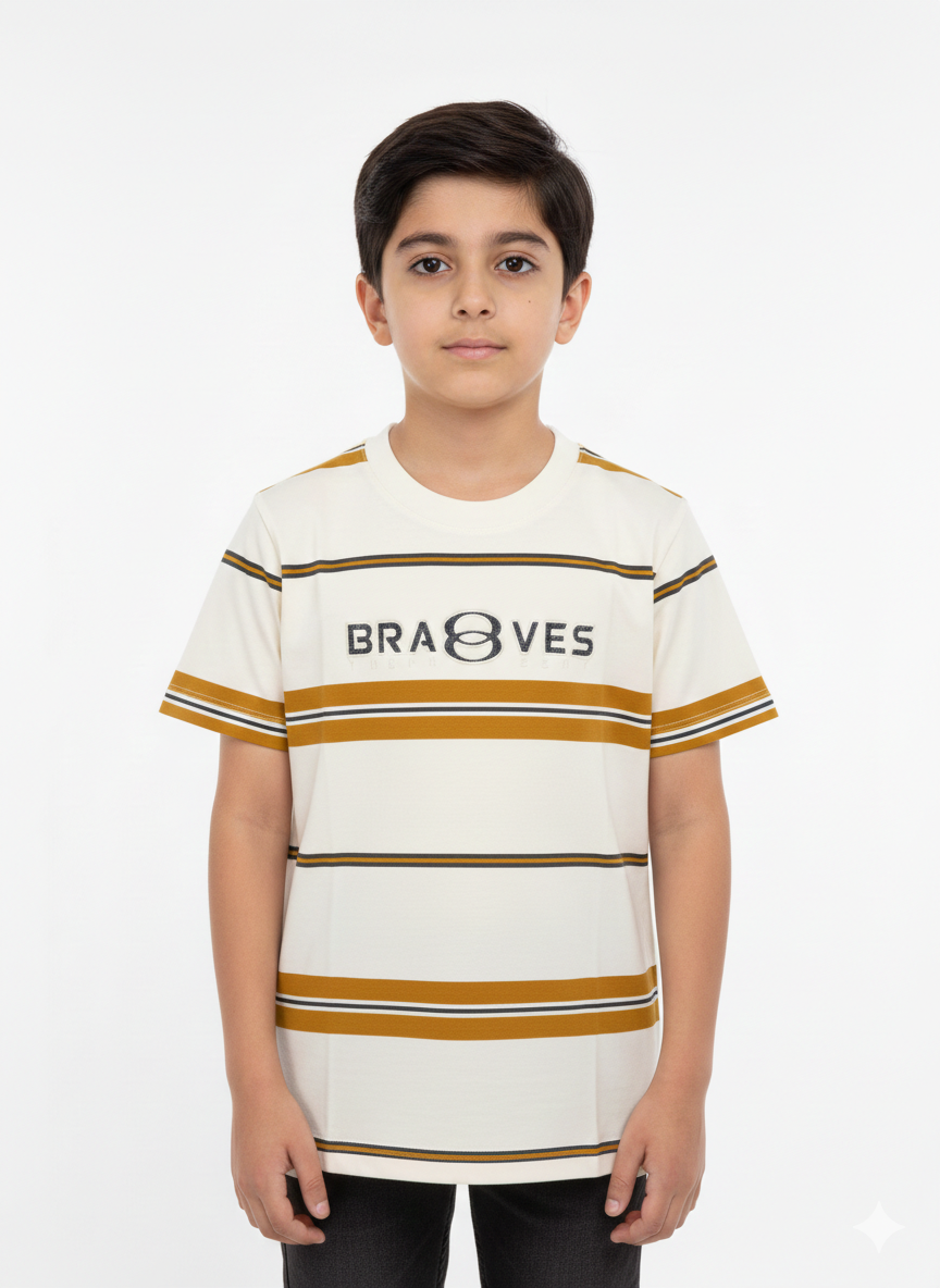 Boys' Essential Striped Crew Neck Graphic Tee Featuring The Modern Braves Logo In Earth Tones